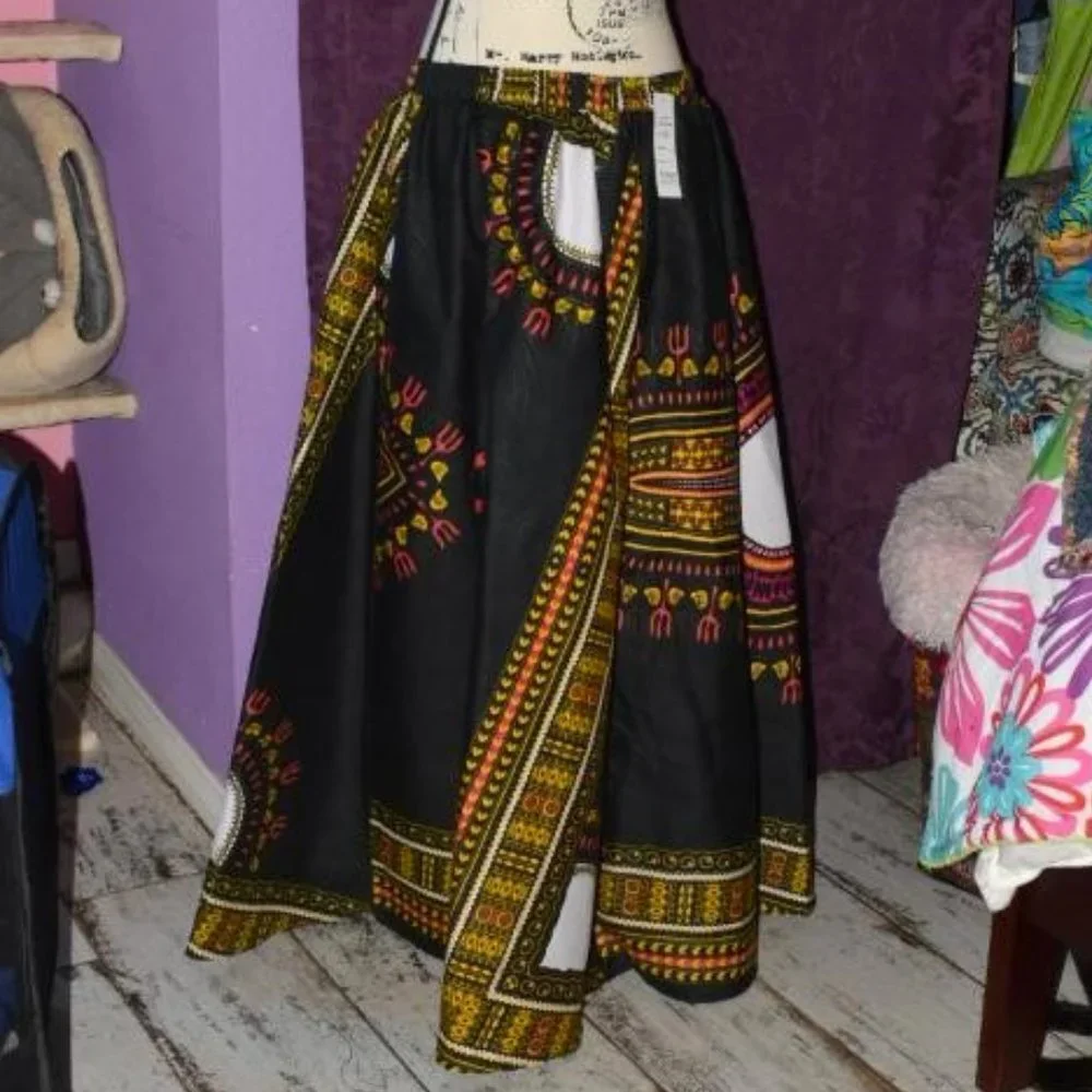Full Length Black African India Dashiki Skirt XL Elastic Waist Stiff Full Maxi - Picture 2 of 2